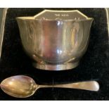 A Joseph Gloster Ltd silver and cream bakelite Non dentable sugar bowl and spoon, cased,