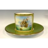A Lynton Porcelain hand painted coffee can and saucer, Galleon and the High Seas, painted by Stephen