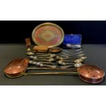 A 19th century copper chestnut roaster. another; Indoan oval tray, musical cigarete box, silver