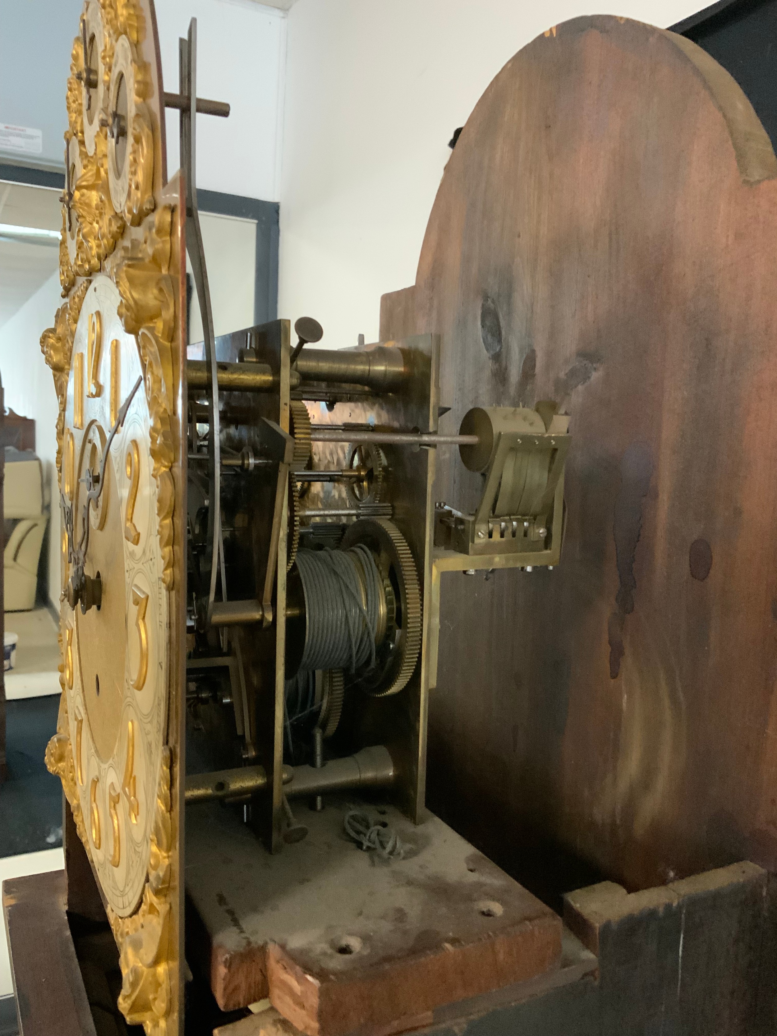 An Edwardian mahogany and marquetry musical longcase clock, 31cm arched brass dial with Arabic - Image 3 of 3