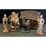 A pair of painted wooden figures possibly Chinese or Tibetan ; letter rack; pottery figure, etc (5)