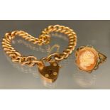 A 9ct gold curb link bracelet with padlock clasp, 12g; a 9ct gold cameo ring (2)