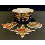 A Royal Crown Derby 1128 Imari sugar bowl, first quality; three Christmas decorations, star, bell,