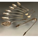 Flatware - set of six George III silver teaspoons, London 1815; pair of bright cut sugar tongs,