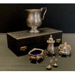 A Mappin & Webb silver cruet set in original box, Birmingham 1956; Silver George V Christening cup