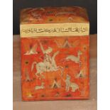 A Kashmiri rectangular playing card box, decorated in the Persian Islamic taste with hunting