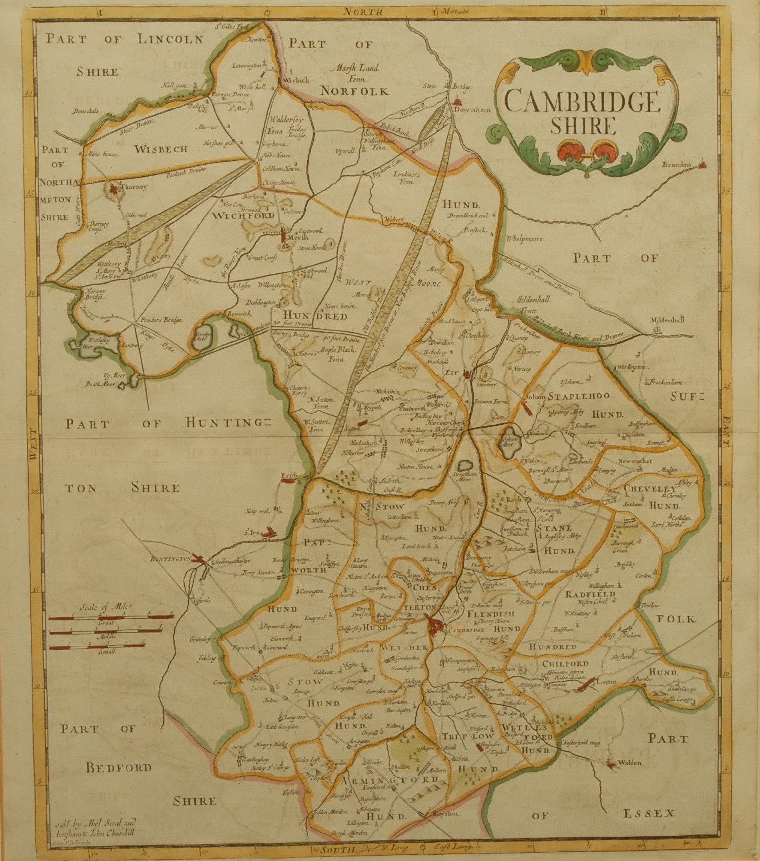 Robert Morden, an 18th century two-page coloured map, Cambridgeshire, published 1722, 44cm x 39cm