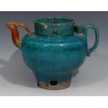 A Chinese high fired stoneware wine pot, the rim pierced with Indian Svastika, double-walled with