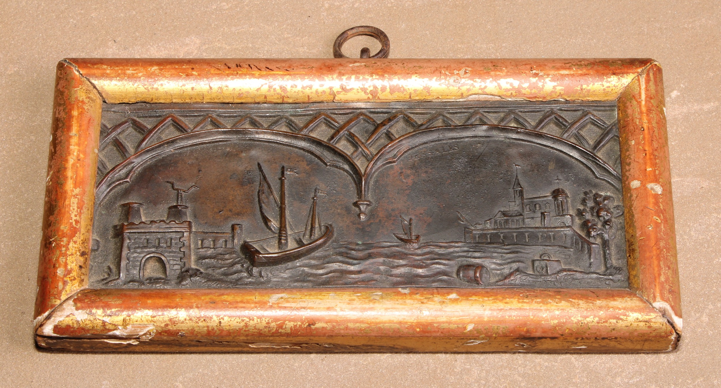 A 19th century bas relief, depicting a Continental harbour scene, gilt frame, 8.5cm x 16.5cm overall - Image 2 of 3