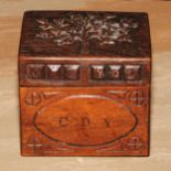 An Arts and Crafts oak rectangular box or caddy, the hinged cover carved with a stylised apple tree,