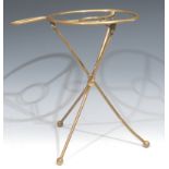 A 19th century brass travelling or campaign folding tripod trivet, circular plateau, ball feet, 32cm