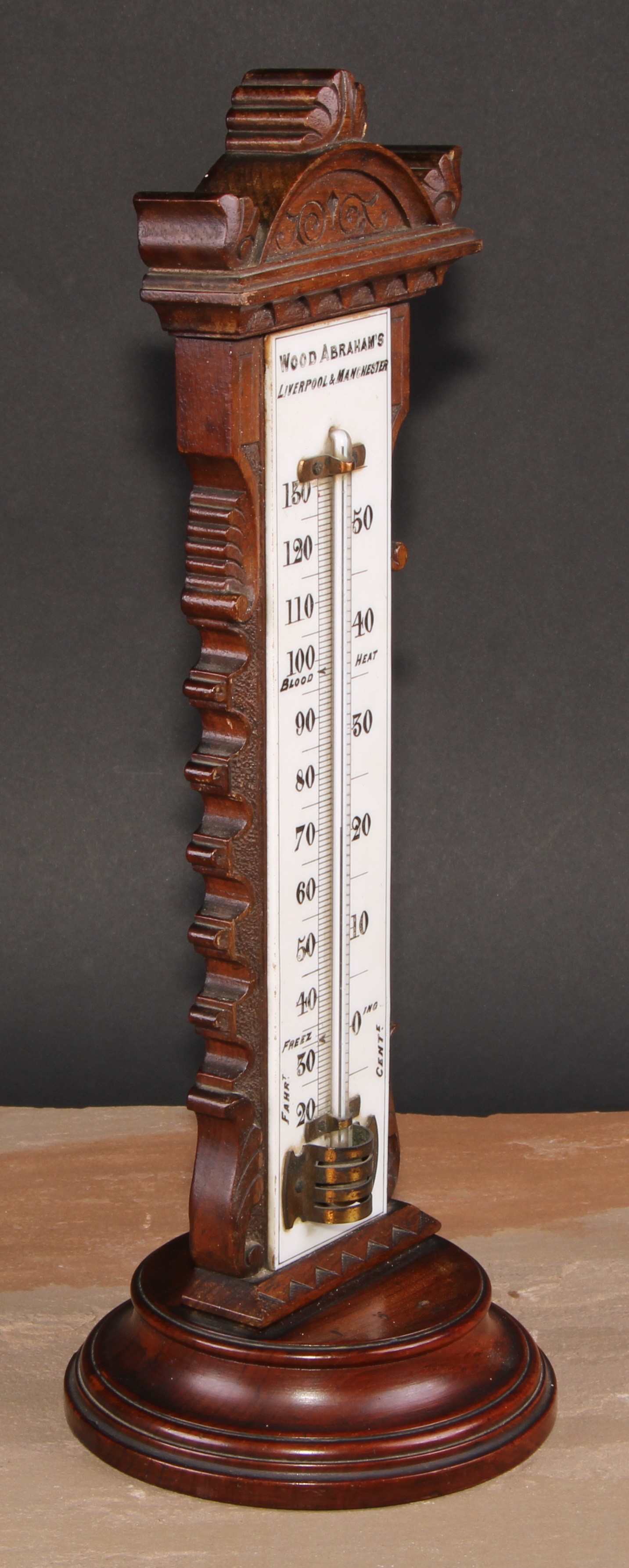 A large and unusual Victorian walnut table top thermometer, the opaque glass register inscribed Wood - Image 3 of 3