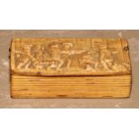 A 19th century German pressed birch bark rectangular snuff box, hinged cover with narrative scene,