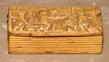 A 19th century German pressed birch bark rectangular snuff box, hinged cover with narrative scene,