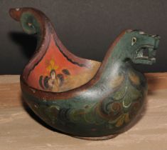 Treen - a Norwegian kasa, carved with a dragon mask and painted in polychrome with scrolling