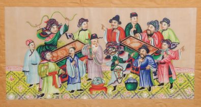 Chinese School (19th century) Figures and a Demon watercolour and gouache on pith paper, 17cm x 34cm