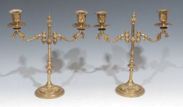 A pair of early 20th century gilt brass adjustable rise-and-fall two-light candelabra, 31cm high,