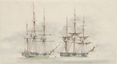 Lieut. James Kennett Willson RM (fl.c.1812 - 1830) Study of Two Frigates at Anchor labels to