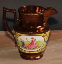 A 19th century copper lustre jug, printed in polychrome with a mother and child at play, in a