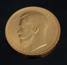 A gold re casting Russian Empire Nicholas II 1902 37 Rubles, 50 Kopecks coin, obverse bearded bare