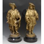 A pair of late 19th century spelter library figures, Rembrandt and Rubens, ebonised bases, 54.5cm