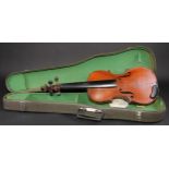 A violin, the two-piece back 36cm long excluding button, stamped Hopf, outlined throughout with