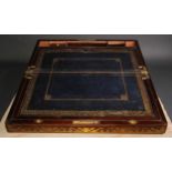 A Regency mahogany and brass marquetry rectangular writing box, outlined with inlaid bands of