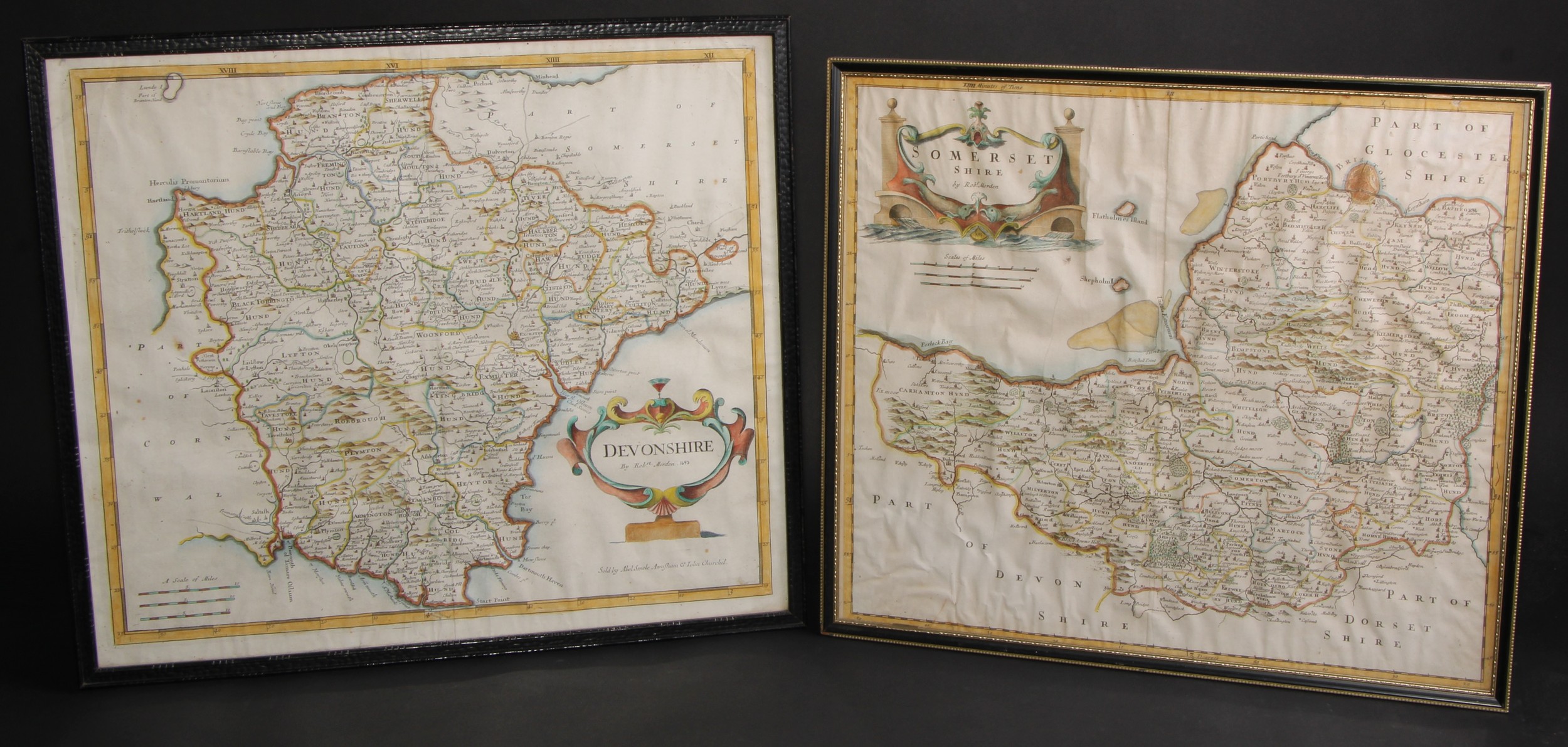 Robert Morden (1650 - 1703), a two-page coloured map, Somersetshire, 35cm x 42cm; another,