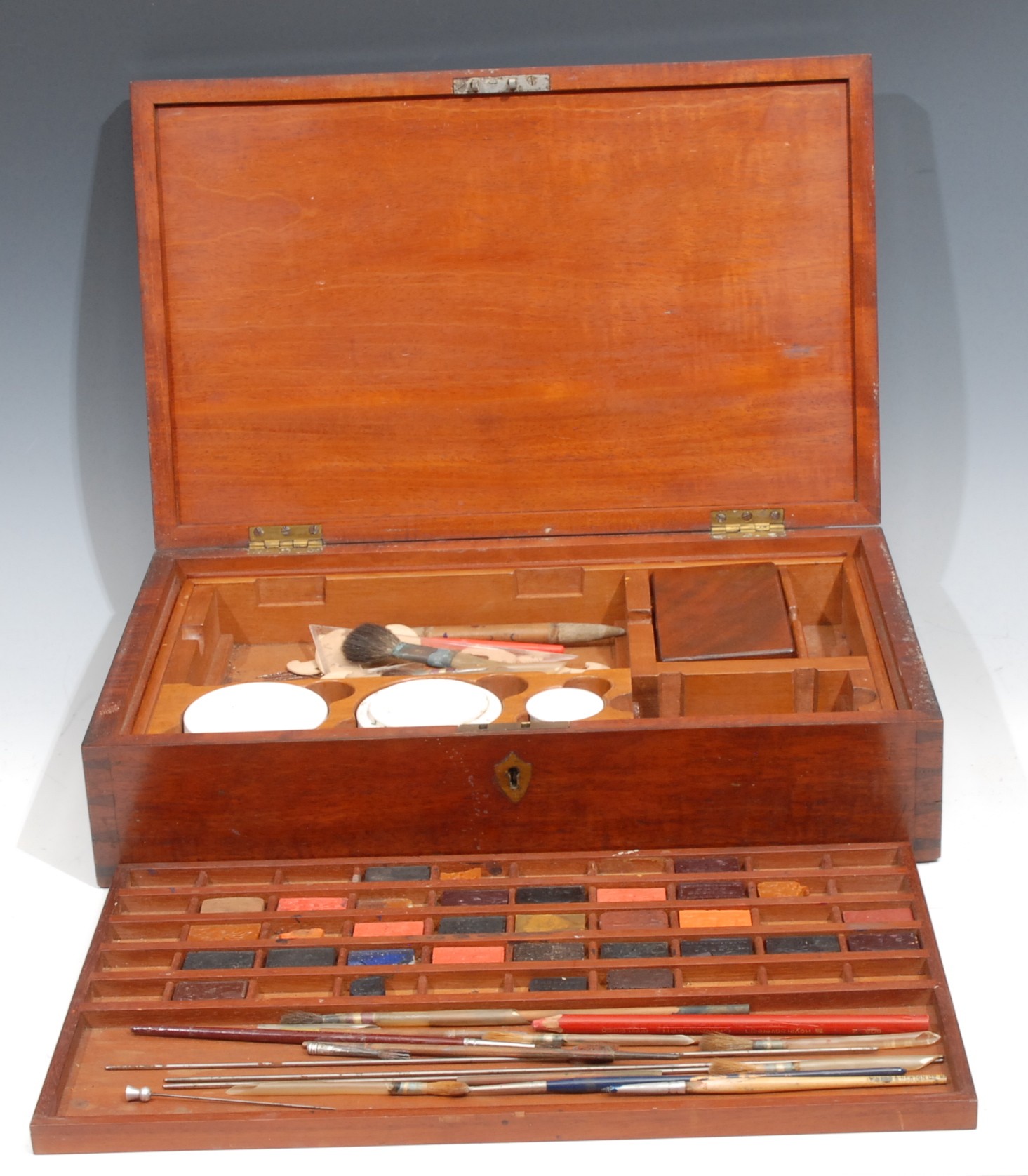 A large 19th century mahogany artist’s box, hinged cover enclosing two fitted lift-out trays - Image 3 of 3