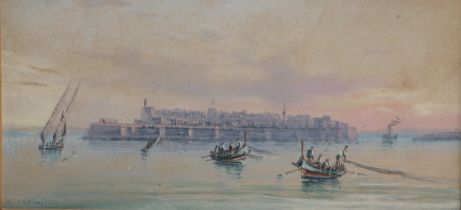 Esposito (early 20th century) Valetta Harbour, Malta signed, gouache, 10.5cm x 22cm