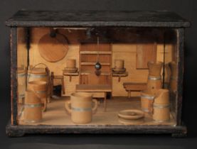 Folk Art - a 19th century softtwood diorama, depicting a cottage interior, a witch's ball hanging