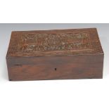 An Indian hardwood rectangular box, hinged cover carved with elephants and initials RSB, within a