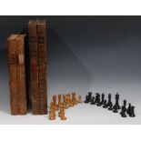 A boxwood and ebony Staunton pattern chess set, possibly Jaques, marked for King's side, the Kings