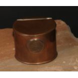 A George III copper oval snuff mull or box, hinged cover, the front set with a half penny, 5cm high