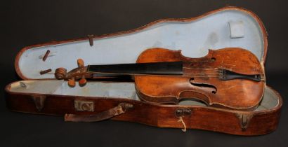 A violin, the one-piece back 35.25cm long excluding button, boxwood tuning pegs, outlined with