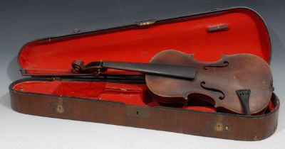 A violin, the two-piece back 36cm long excluding button, 59.5cm long overall, the bow apparently