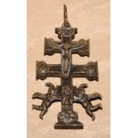 A Colonial bronze corpus Christi reliquary pendant, Patriarchal cross, 14cm over loop