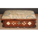 An early 18th century mahogany and marquetry shaped rectangular table box, hinged cover with