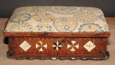 An early 18th century mahogany and marquetry shaped rectangular table box, hinged cover with