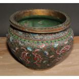 A Chinese cloisonne champlevé enamelled lobed ovoid jardiniere, the base enamelled in green with