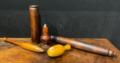 Treen - an early 19th century Sycamore rolling pin, good colour, turned ends, 40cm long, c.1820; a