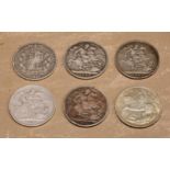 Coins - an early Victorian crown, 1845; others, 1889; 1892; 1893; 1900; 1935 (6)
