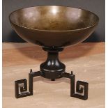 A brown patinated bronze table centre tazza, tripod base with Greek key scroll feet, 18.5cm diam,