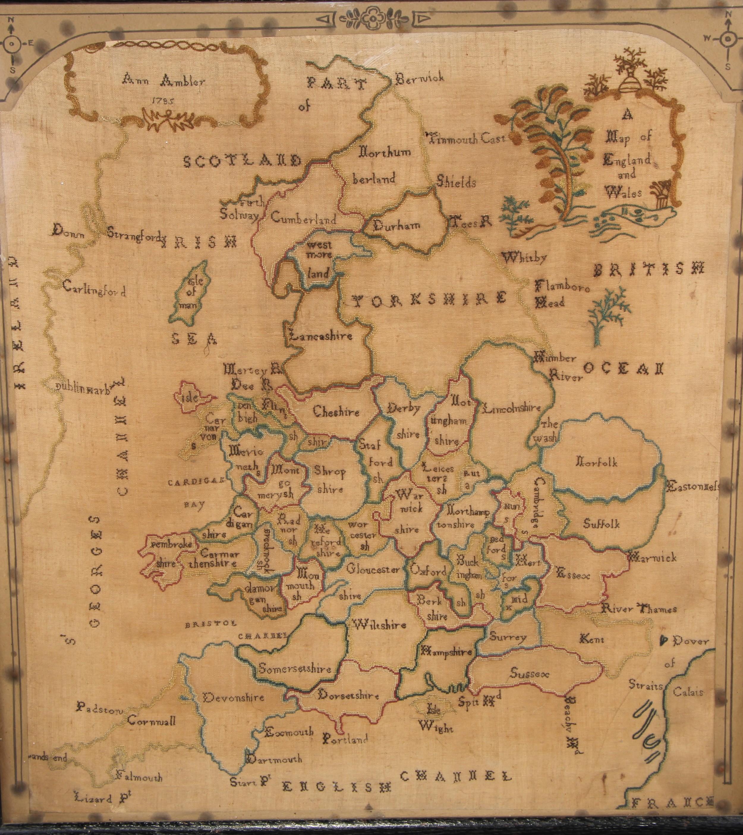 A George III map sampler, A Map of Englnad and Wales, by Ann Ambler, 1785, 55cm x 51cm, c.1785, - Image 2 of 2