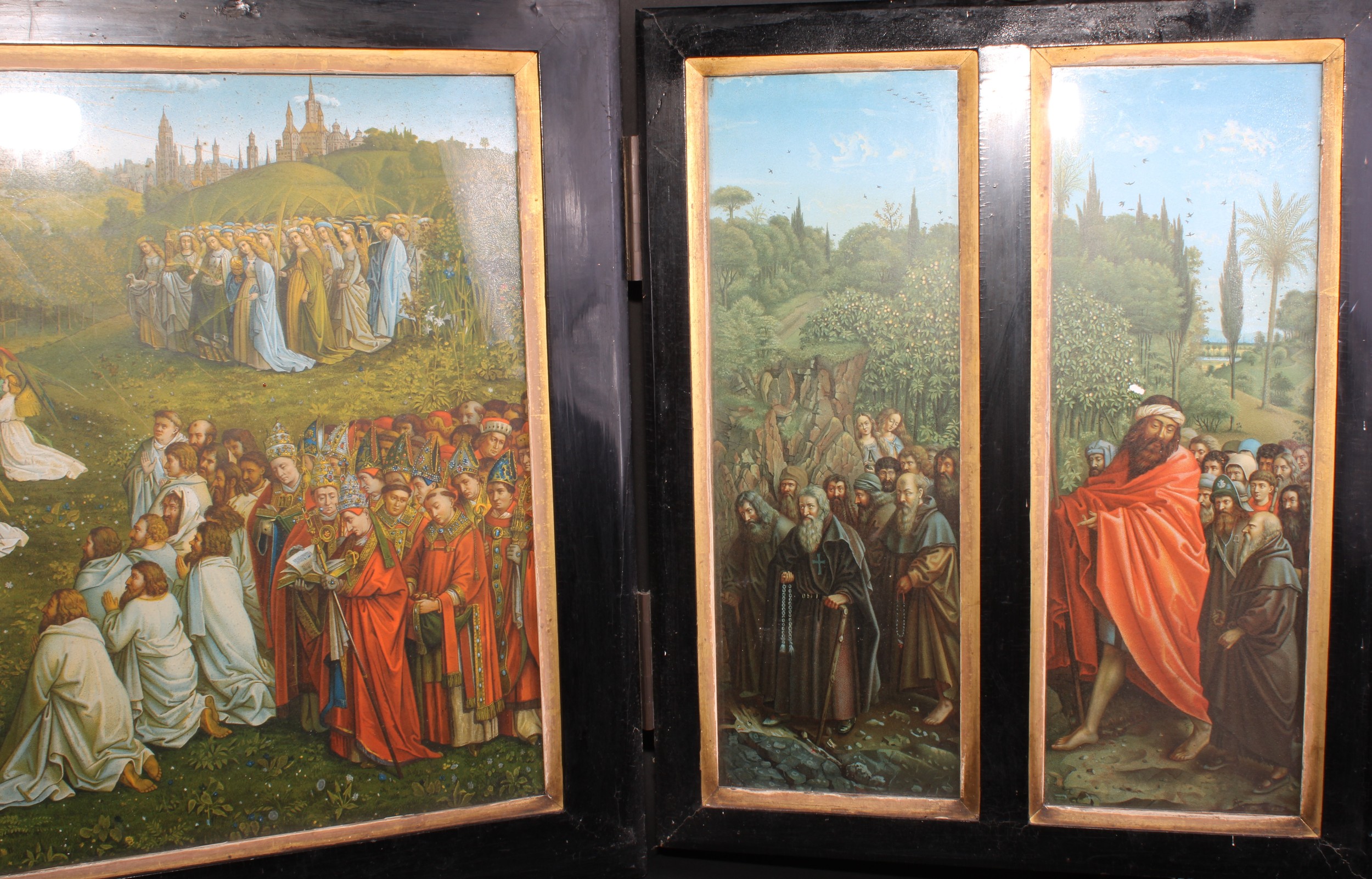 A late 19th/early 20th century antiquarian's facsimile triptych, after the Ghent altarpiece, the - Image 3 of 4