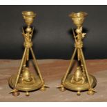 A pair of French gilt bronze candlesticks, cast in the Neo-Classical taste with triumphal regalia,