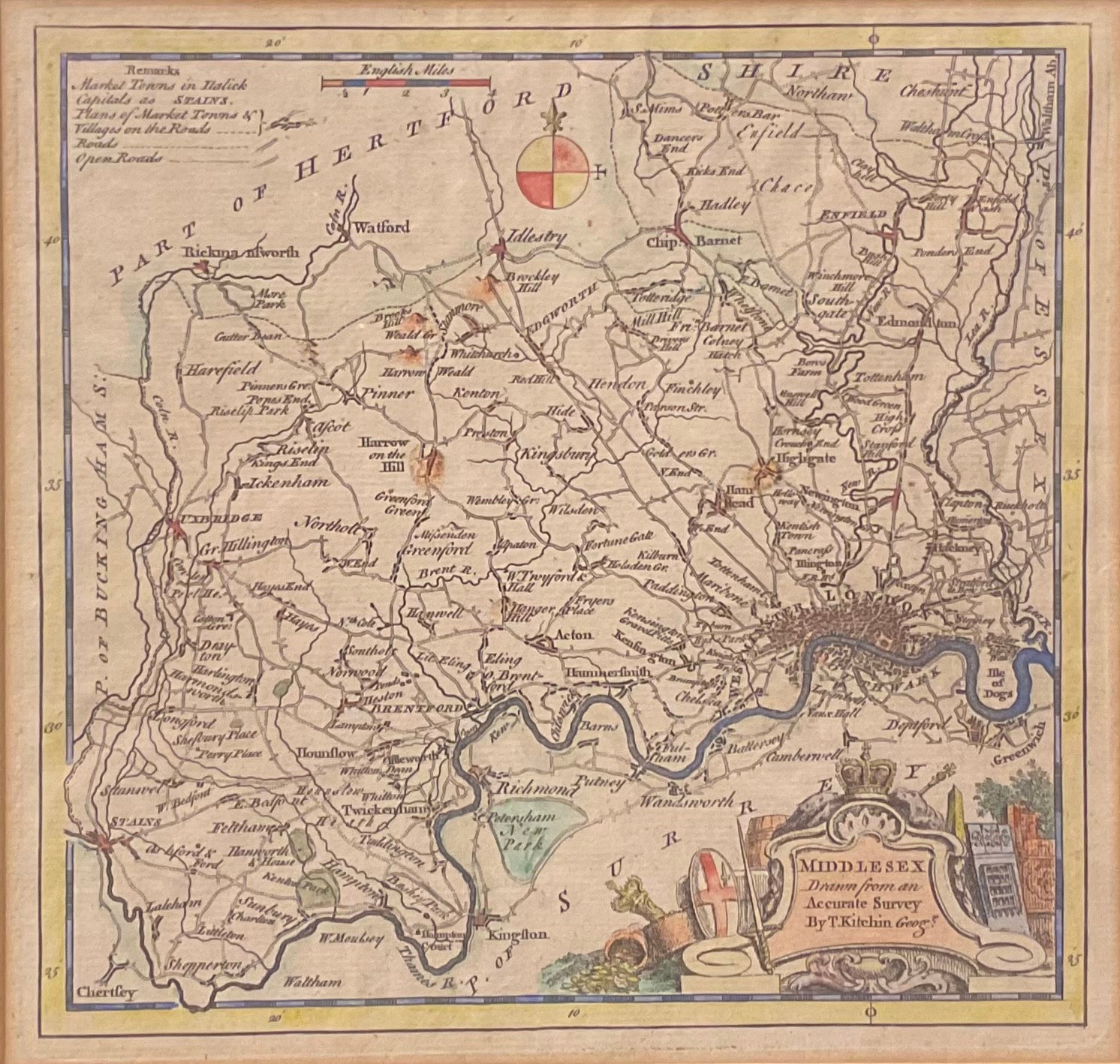 Thomas Kitchin (1719 - 1784), a coloured map, Middlesex, drawn from an accurate survey, 20cm x 21cm