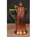 A WMF Art Nouveau copper and brass spreading cylindrical jug, embossed with stylised flower buds and
