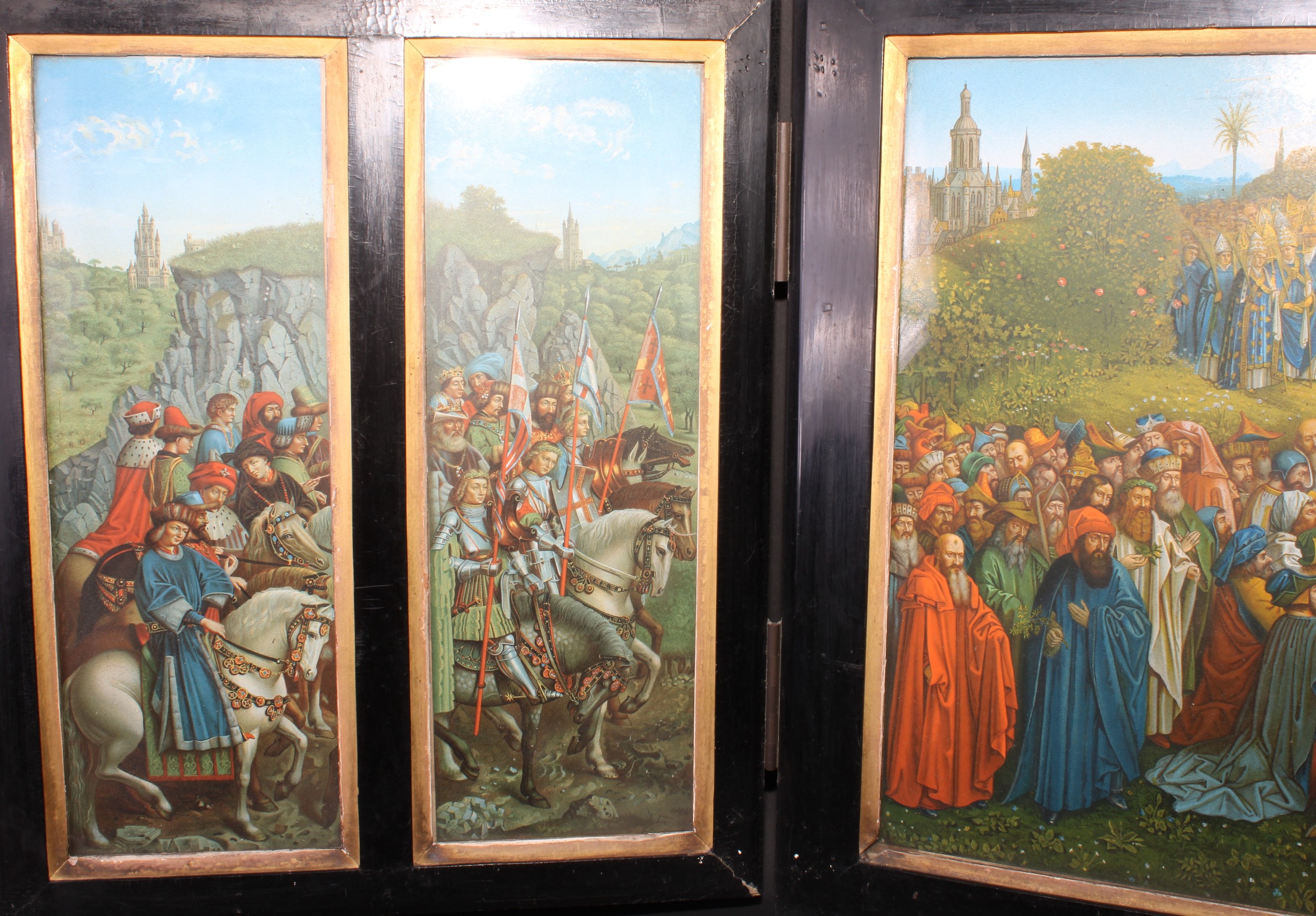 A late 19th/early 20th century antiquarian's facsimile triptych, after the Ghent altarpiece, the - Image 2 of 4