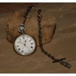 A 19th century steel Albert chain, 27.5cm long; a silver plated open faced pocket watch; a George